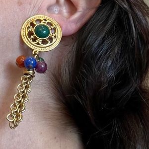 Vintage Gold and Jewel Tone Beaded Fringe Earrings